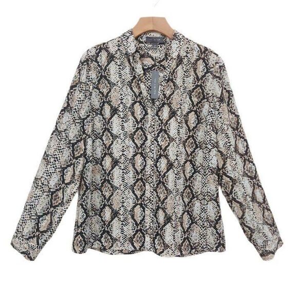 The Limited Blouse Womens Petite Medium Beige Roll Tab Sleeve Snake Print V-Neck - Picture 1 of 12